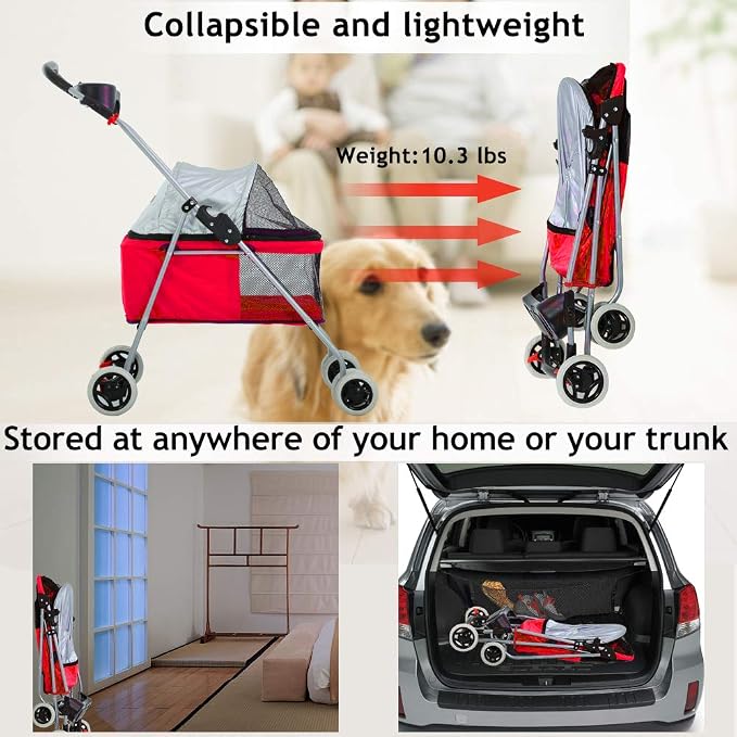 Cat Dog Stroller for Small & Medium Dogs Up to 35Lbs Kitten Doggie Cage Waterproof Foldable Travel Carrier Puppy Strolling Cart Durable 4 Wheels Large Pet Stroller Jogger with Cup Holders, Red
