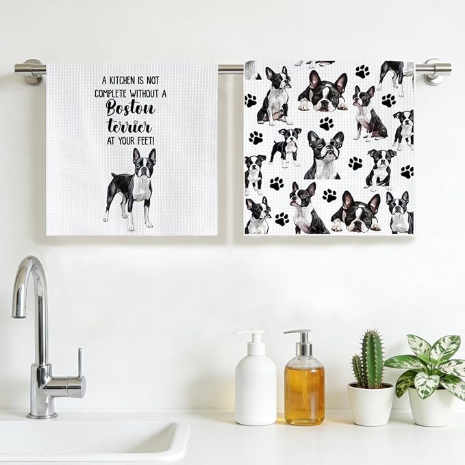 Boston Terrier Waffle Weave Kitchen Towels, Quick Dry Multipurpose Hand Towels for Bathroom, Absorbent Reusable Cloth Tea Dish Towels for Home Decor, Dog Lover Gift Towel Set of 2