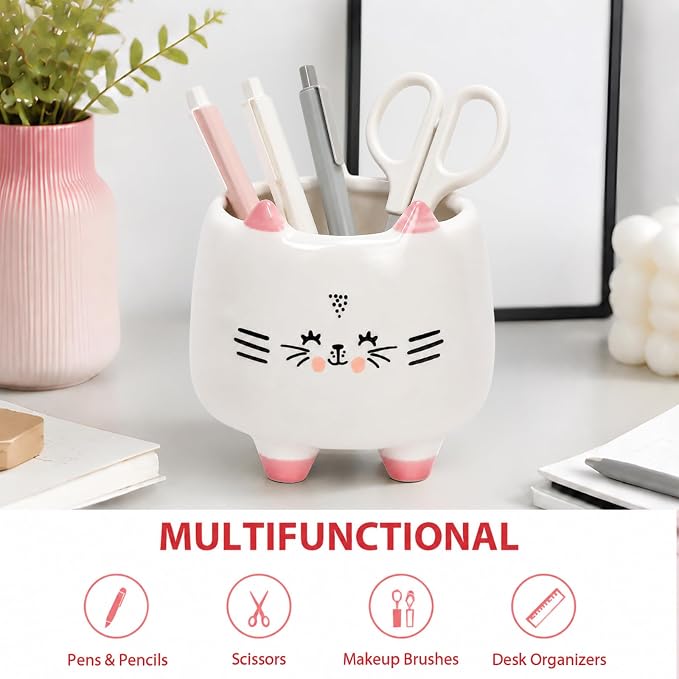 Ceramic Cat Shaped Pen Pencil Holder for Desk Decoration Accessories Cat Decor Makeup Brush Pen Cups Office School Ideal Gifts for Women, Mom or Birthdays