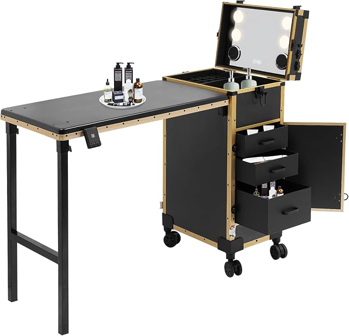 Rolling Manicure Desk Makeup Train Case, Foldable Nail Tables, Travel Cosmetic Trolley with Remote Control and Adapter for Hair Stylists, Pet Groomers, Makeup Artists (Black, Gold)