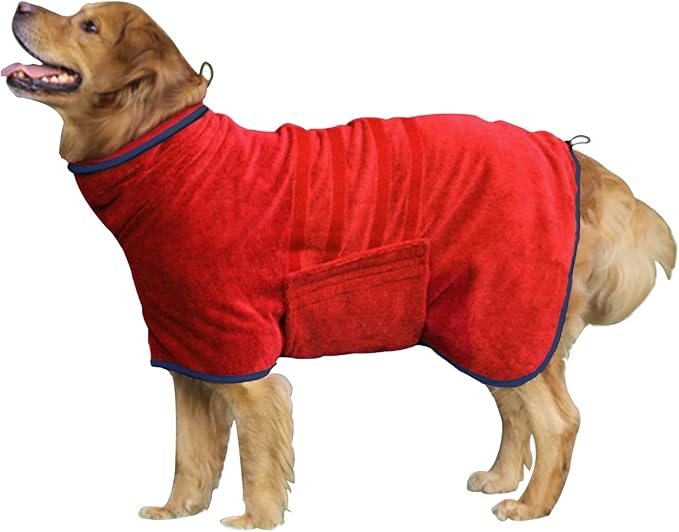 Dog Drying Coat - Fast Drying Dog Towel Robe - Microfiber Super Absorbent Pet Bathrobe, Adjustable Collar & Belly Strap Fast Drying Bath Robe Towel (Small, Red)