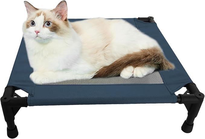 Pozico Elevated Pet Bed with Breathable Mesh for Small Cat and Dog, Raised Cooling Pet Cot for Puppy and Kitty, 18.9x18.9 inch (Navy Blue Bed)