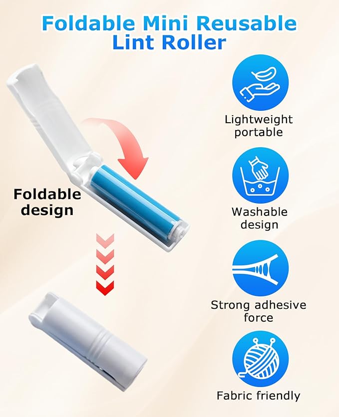 Mini Reusable Lint Roller, 15PCS Portable Washable Foldable Lint Remover Brush with Sticky Gel, Easy to Clean for Clothes and Pet Hair
