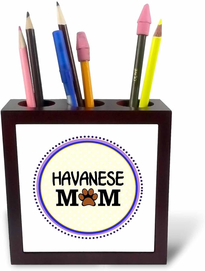 3dRose ph_151757_1 Havanese Dog Mom Doggie Mama by Breed Paw Print Mum Love Doggy Lover Proud Pet Owner Circle Tile Pen Holder, 5-Inch