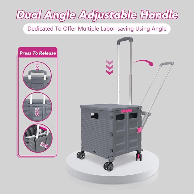 FELICON SELORSS Folding Utility Cart Portable Rolling Crate Handcart-Gray | Adjustable Handle+Extended Magnetic Lid,Storage Basket Box,4 Swivel Wheels Tote for Teacher Move Shop Travel Grocery Office