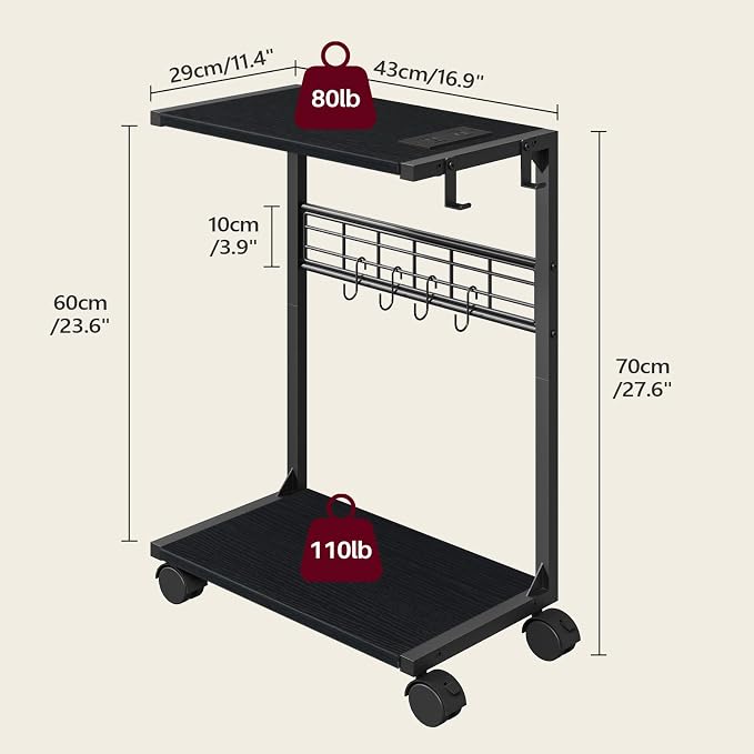 PC Stand, Computer Tower Stand with Charging Station, 16.9" W x 11.4" D x 27.6" H, Computer Cart with Wheels and Hooks, CPU Holder for Carpet, Floor and Under Desk, Easy Assembly, Black