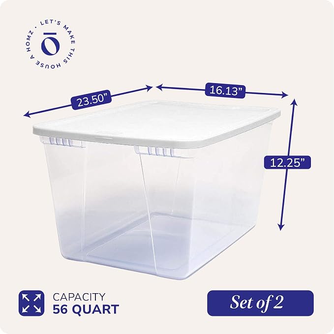 HOMZ 2-Pack Snaplock, Large Clear Plastic Storage Organizer Bins w/Lids, 56 Quart, White - Stackable Container Boxes for Bedroom, Bathroom, Garage, and Office Organization