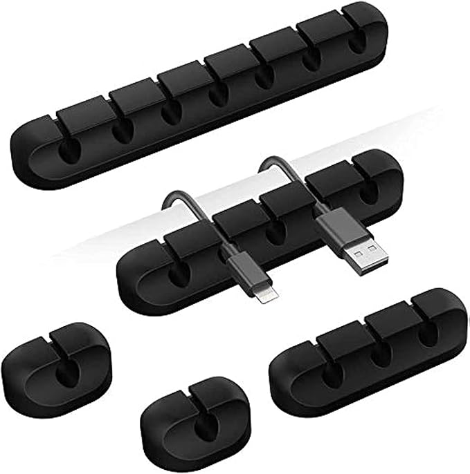 TviewSmart Cord Organizer for Desk, 5 Pack Cord Holders, Cable Clips, Black | Silicone cable management clips self adhesive for nightstand and charger, 7-5-3-1-1 slots hold USB and phone cords up to 6 mm