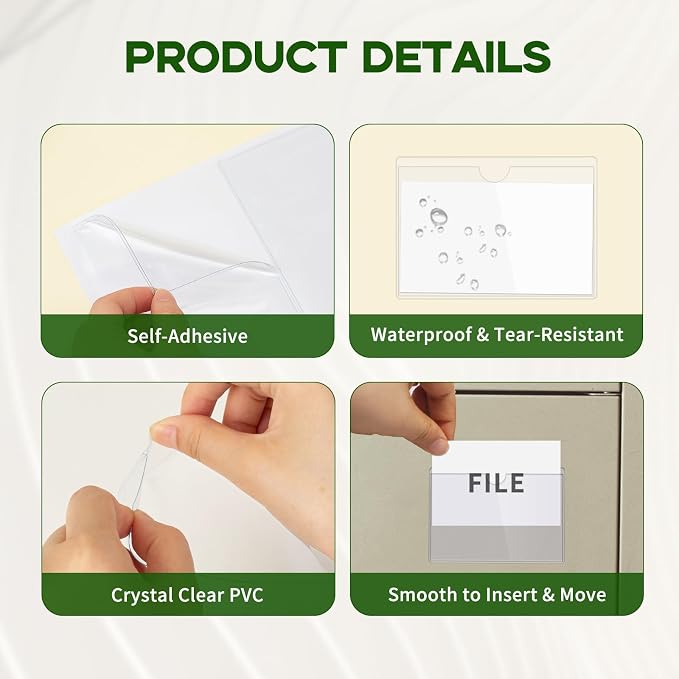 52 Pack Label Pockets for Storage Bins, 3x5 Sticky Index Card Holder | Goefun Clear Adhesive Pockets 3'' x 5'', Plastic Labels for Tote Library, Classroom Box Organization