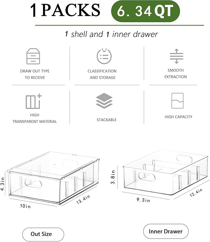 bealy Clear Drawer Organizer with 3 Dividers, Fruit Containers for Fridge Organization, Clear Stackable Storage Drawers, BPA Free, 6.34QT