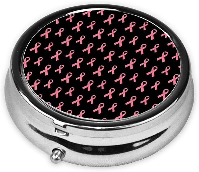 Purse Pill Case, Breast Cancer Pink Ribbon Mini Round Holder, Portable Organizer for Medicine, Travel Pill Box Pocket Carry for Seniors