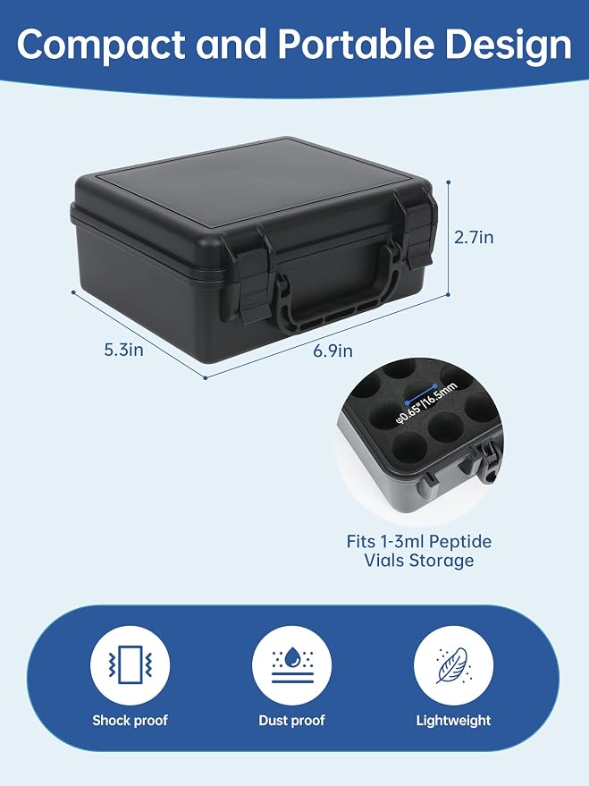 3ml Peptide Case for Fridge-48Slots, Peptide CoolerTravel Case,Vial Holder | Fit 3ml Peptide Insulin Vials, Durable Latches, Handle, Shock-absorbing EVA Foam, Small Size, Waterproof, TSA Approved