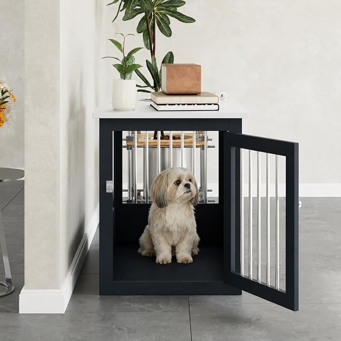 30" Wooden Dog Crate Furniture,Medium Kennel Pet Cage End Table for Indoor | for Small Medium Dogs, Grey and White, Fits Living Room Bedroom, Heavy Duty Steel Frame with Lock 45 lbs Cap, 100 lbs Top.