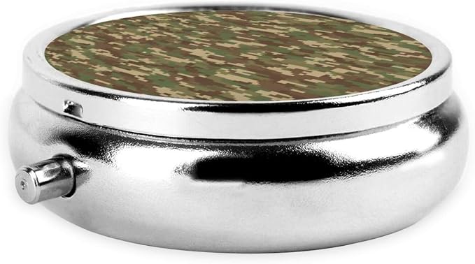 Purse Pill Organizer, Camouflage Camo Military Style Cute Round Box, Compact Case for Vitamins, Travel Dispenser Pocket Carry for Her