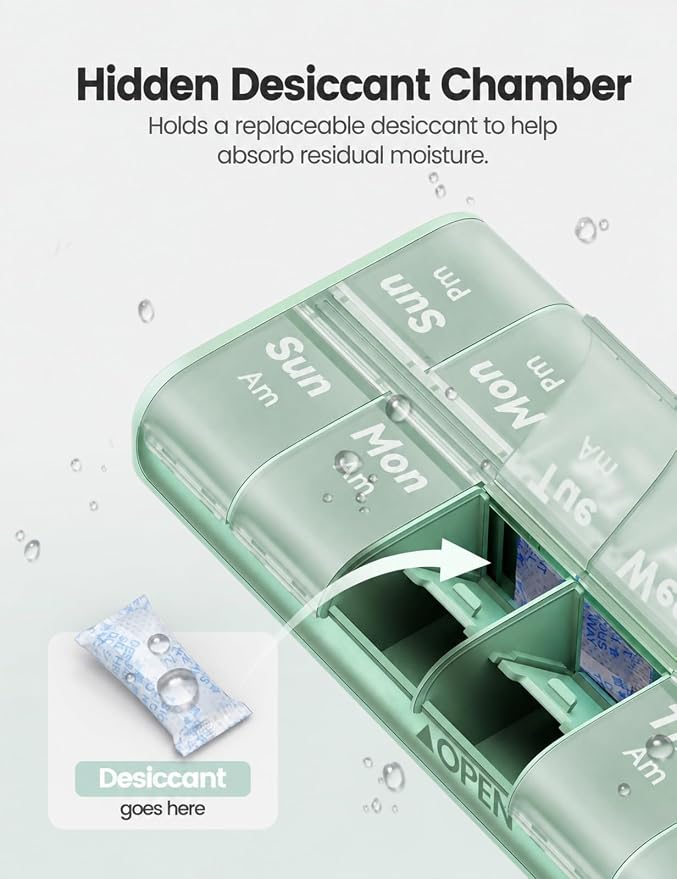 Pill Organizer 2 Times a Day, Built-in Desiccant | 7 Day AM PM Weekly Pill Box, Easy-Open, Portable Carry Handle, BPA-Free, Matte Privacy Case for Supplements and Vitamins