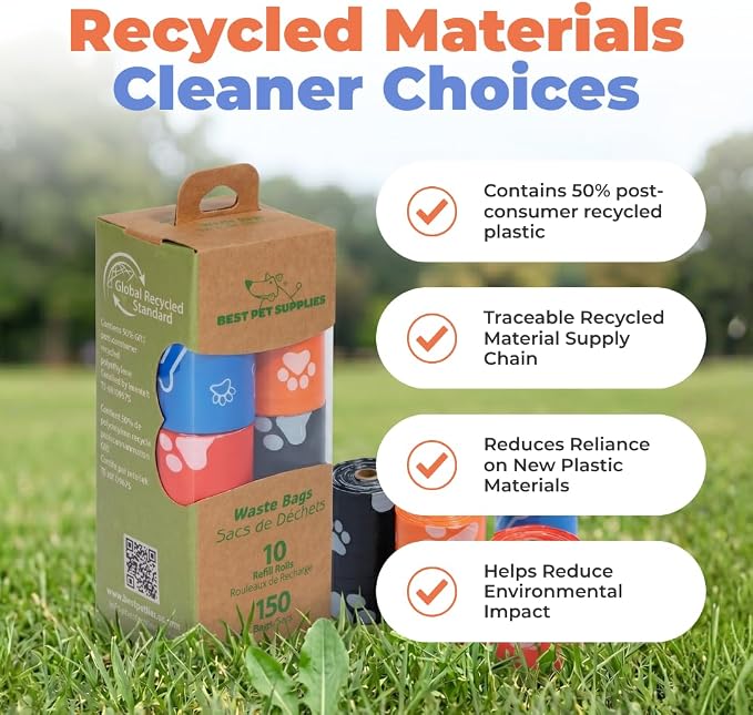 Best Pet Supplies GRS Poop Bags for Dogs - Mixed Colors, 150 Count | Scented, 50% Post-Consumer Recycled Plastic, Leak-proof, Easy-Tear perforations, Thick Bags, Fits Standard Holders