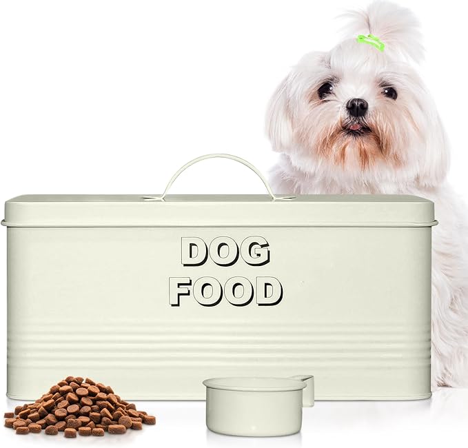 Plexon Metal Dog Food Storage Container with Scoop - Small Dog Food Container 10lbs Holder Treat Jar Bin with Lid - Pet Chow Storage Canister Tin, 2 Gallon, Off-White
