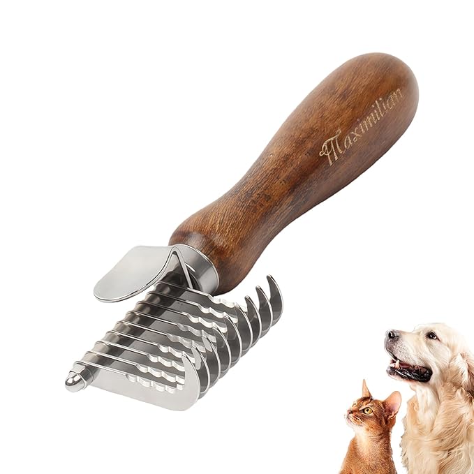 Dog Dematting Comb with Wooden Handle Stainless Steel Safety Blades Dog Dematting Fur Rake Brush Pet Grooming Tool for Long Haired Dogs&Cats Remove Loose Hair Undercoat Mats Knots Tangles