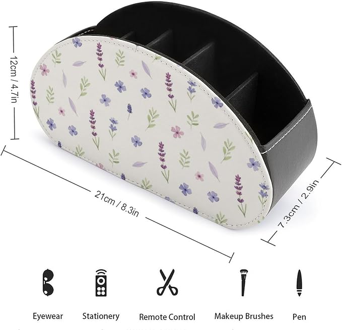 TV Remote Control Holder Purple Lavender Floral Desktop Storage Caddy Box | Pu Leather Makeup Organizer, 5 Compartments, Purple Lavender Floral Flower Botanical, Fit for Media Player, Office Supplies