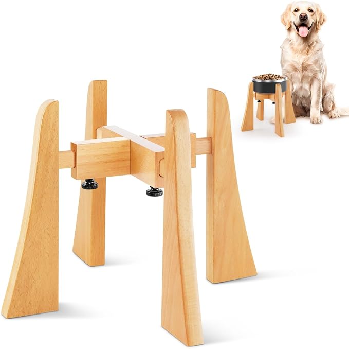 Solid Wood Elevated Dog Bowl Stand with Adjustable Width, 10-Inch Raised | Fits 6.3-7.8 Inch Dog Food & Water Bowls, Non-Slip Base, Ergonomic Design for Corgis, Beagles, Medium Breeds, Stand Only