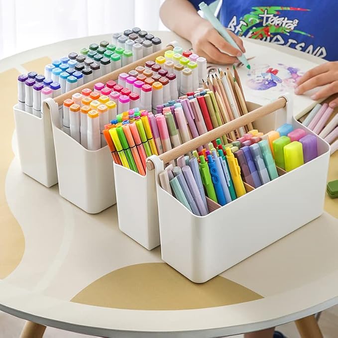 Vidifor Large Plastic Portable Caddy with Handle, Storage Organizer Bin with Adjustable Dividers for Art Supplies, Crafts, Colored Pencils, Makeup Desk