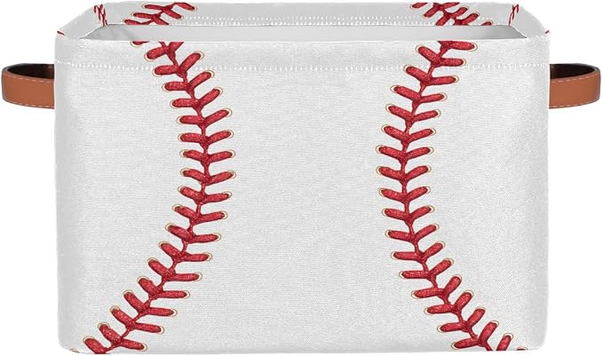 Pardick Storage Baskets Bin, White Baseball Collapsible Canvas Fabric Storage Bin Decorative Baskets Toy Organizer Rectangle Storage Boxes with handles for Home Shelves Nursery,A-2