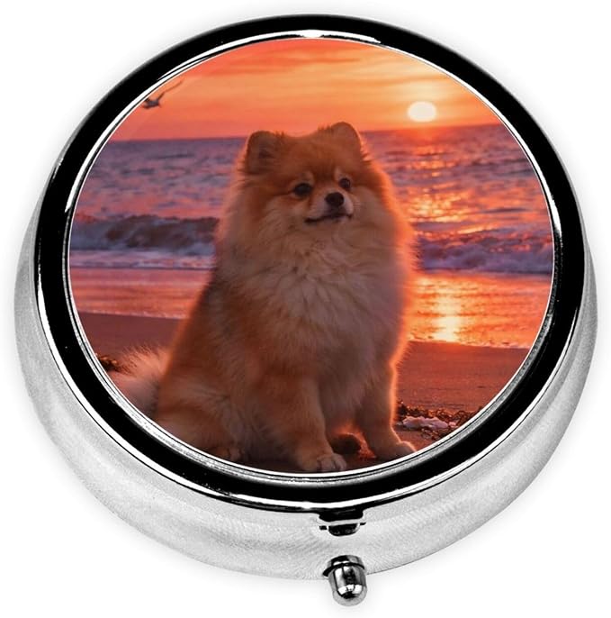 Pomeranian On The Beach Portable Pill Organizer | 3 Compartment, With Mirror, For Men Women, For Daily Supplements, Vitamins, Fish Oil, Jewelry, Candy, Travel