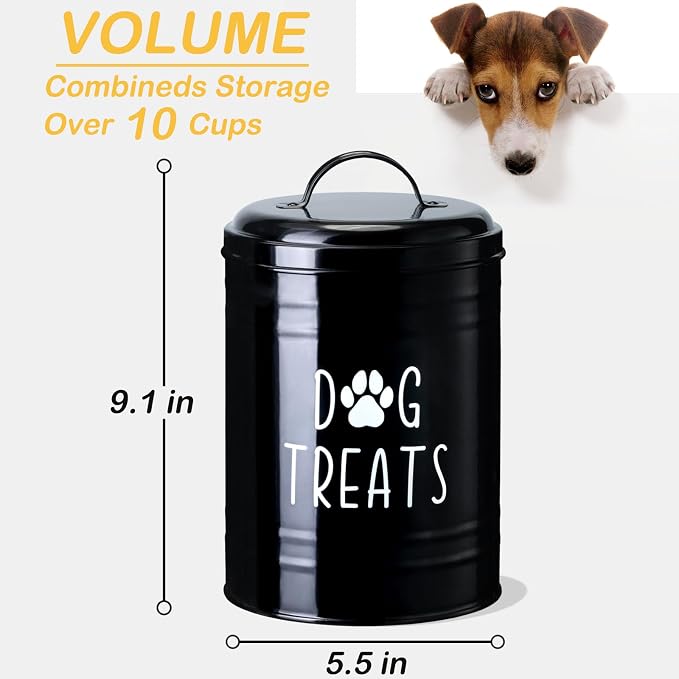 Dog Treat Container Airtight, 9.1''Hx5.5''W, 10 Cup Capacity (Black) | Airtight Lid Keep Food Fresh,Large Capacity Dog Treat Jar Suitable All Popular Treats,Dent-Resistant Durable Metal Cookie Jar