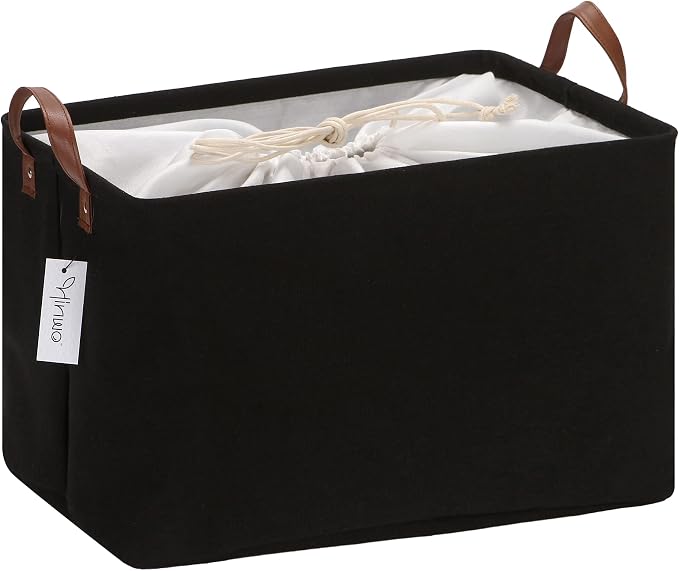 Hinwo 31L Large Canvas Storage Bin with Lid and Handles | Collapsible Fabric Basket, Closet Shelf Organizer, Container for Clothing, Blankets, Toys, Bedding (Black)