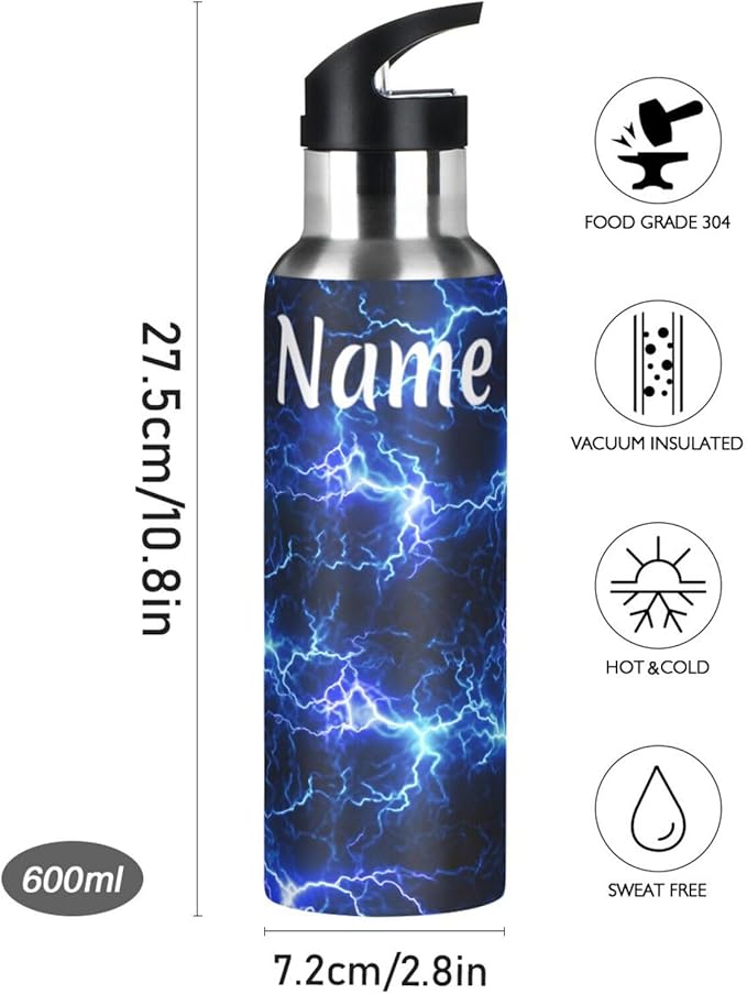 Custom Name Blue Black Lightning Water Bottle with Straw Lid Kids Insulated Stainless Steel Water Flask Sports, 20 Oz Hot Cold