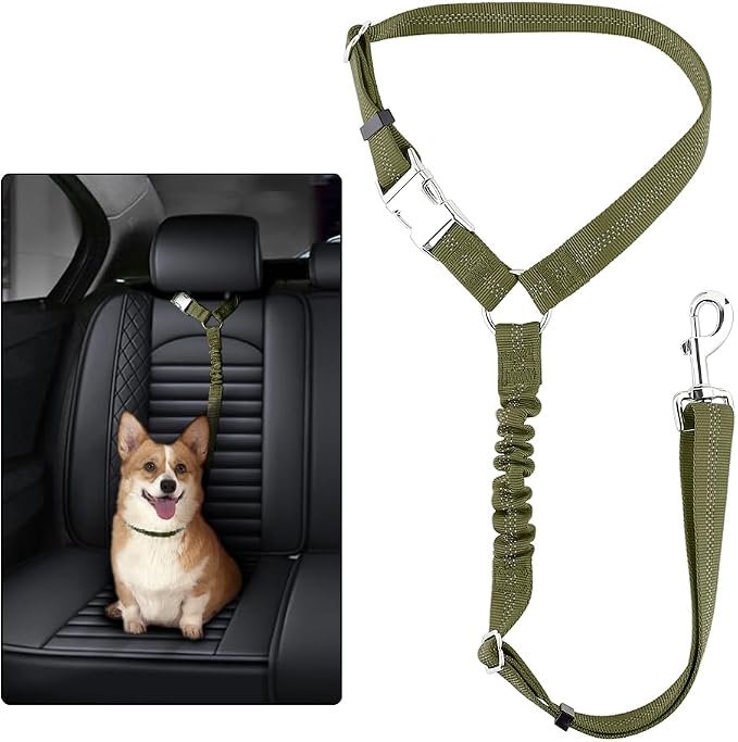Plutus Pet Dog Seat Belt for Car Headrest, Reflective with Elastic Bungee | Adjustable Restraint for Safety, Vehicle Seatbelt Harness for Small Medium Large Dogs and Cats, Ranger Green