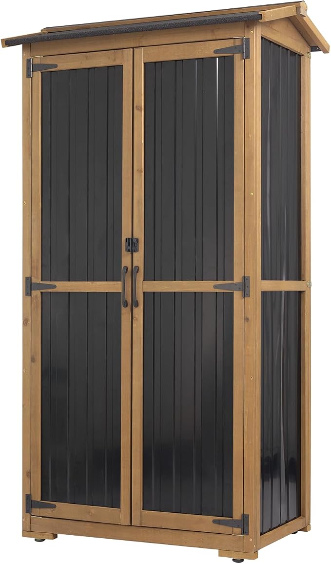 Ketive Outdoor Storage Cabinet, Wood & Metal Garden Cabinet with 3 Adjustable Shelf, Weather-Resistant Roof, Lockable Doors & Adjustable Feet for Patio, Garden, Farm (33" L x 21" W x 69" H)