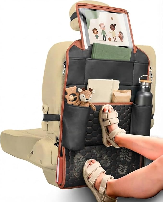 Owleys Back of Seat Organizer for Kids | Car Storage Caddy – 8 Pockets + Transparent Tablet Holder | Waterproof Eco-Leather | 27.5' x 18.5' | Brown+Black | Hanging faux leather backseat organizer, 8 pockets plus a clear tablet pocket, doubles as a kick...