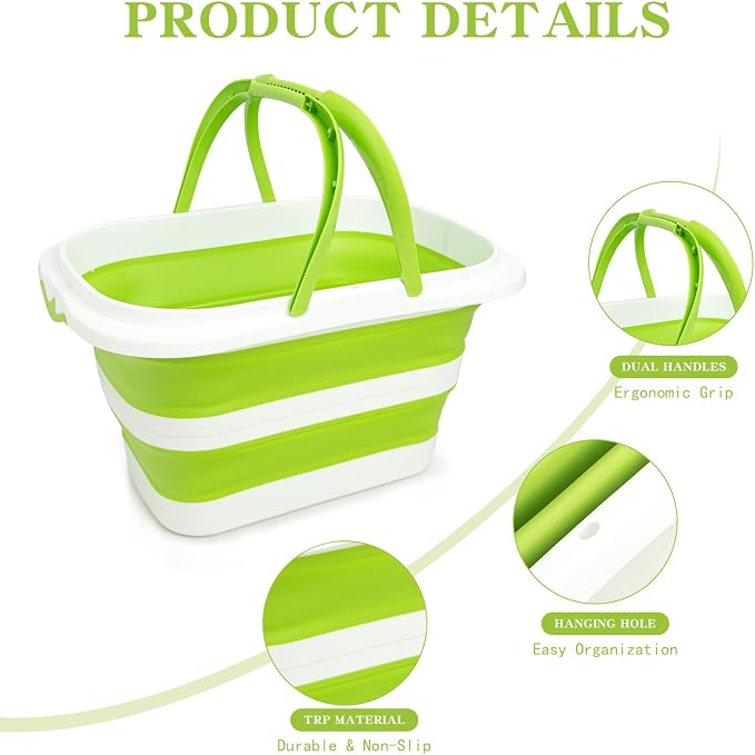 Large Collapsible Bucket for Cleaning,4.2 Gallon/16L,Green White | Foldable Space-Saving,Silicone,Handle & Hanging Hole,for Cleaning,Mop,Home,Storage,Car Wash,Camping,Beach