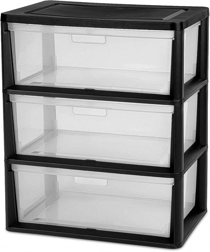 3 Drawer Plastic Storage Tower Wide Organizer for Closet Bedroom (Black) | Stackable wide drawers for clothes, toys and crafts. Durable see-through plastic provides quick visibility.