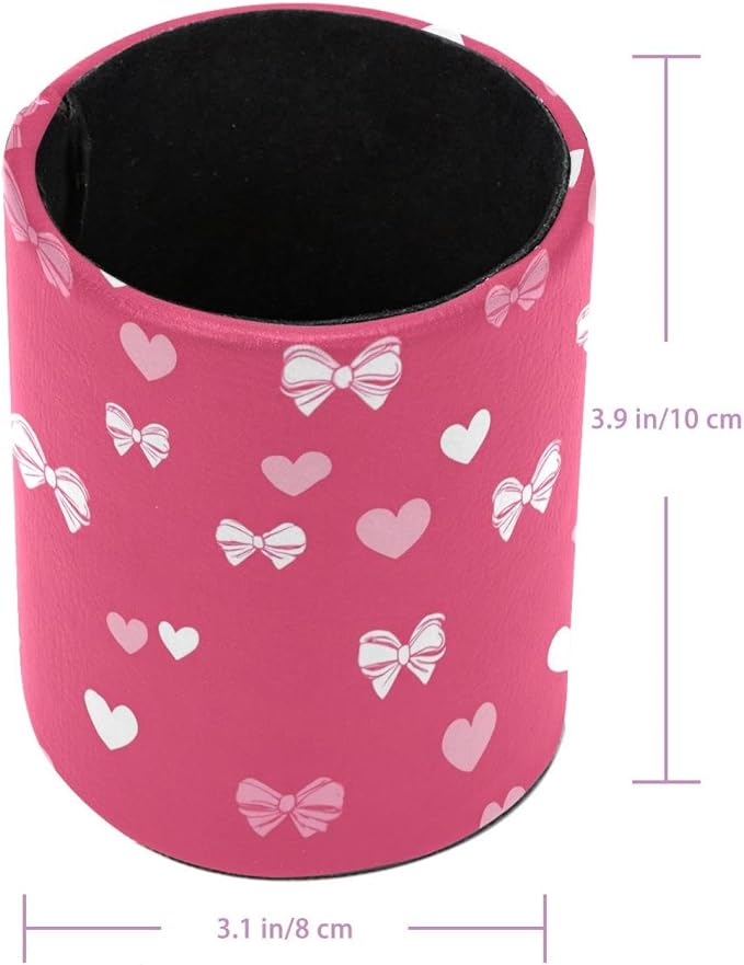 Faux Leather Pen Holder for Desk, Pencil Organizer Hearts and Bows Pen Cup Desk Decor Makeup Brush Holder Storage for Office Home