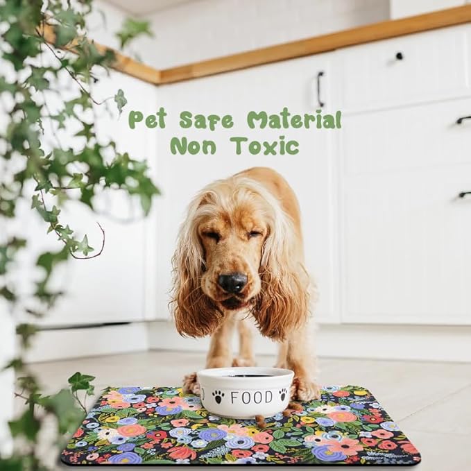 Dog Food Mats for Floors Waterproof, Pet Water Bowl Mats Pet Feeding Absorbent Placemats Flower 12 * 20 inch