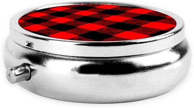 Pocket Medicine Case, Red Black Buffalo Check Plaid Pattern Round Small Organizer, Waterproof Pill Box for Vitamins, Travel Holder Purse Carry for Commute