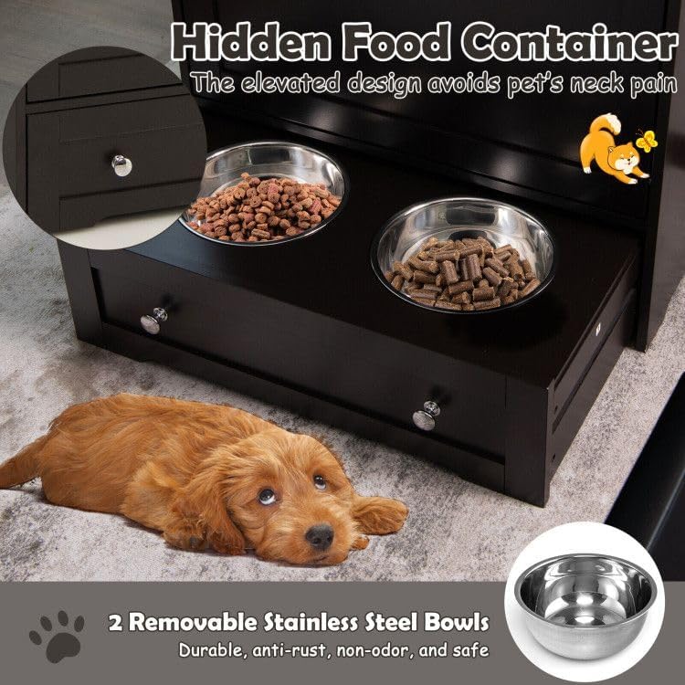 Pet Feeder Station with Stainless Steel Bowls, 32.5" Elevated Dog Food Storage Cabinet with Pull-Out Drawer, Wall-Mounted Pet Feeding Station Organizer for Food & Accessories (Coffee)