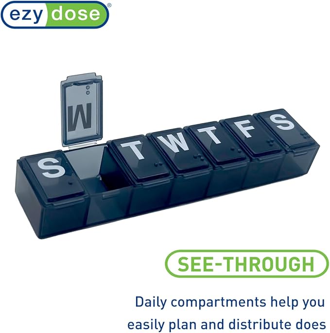 Ezy Dose Weekly (7-Day) Pill Organizer, Medium Planner, Black, BPA-Free | Compact Daily Vitamin & Supplement Medicine Case, Pop Up Compartments, Convenient and Easy to Use, Travel-Friendly, BPA-Free