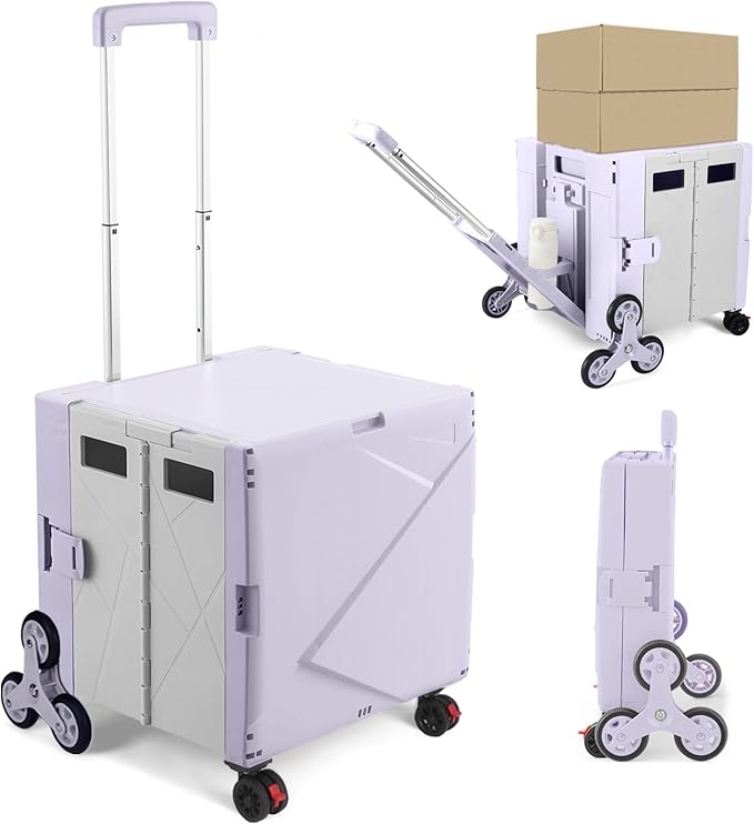 76L Folding Utility Cart Portable Rolling Crate Handcart Shopping Collapsible Tool Box with Stair Climbing Wheels,Hidden Lid,2 Rotate Wheels,for Grocery,Shopping,Office,Storage(Purple)