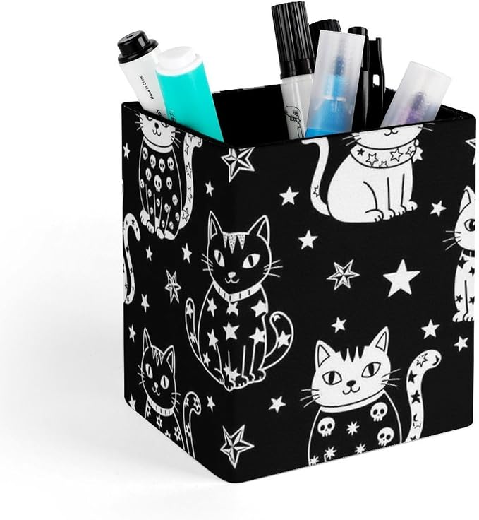 PU Leather Pen Pencil Holder Halloween Gothic Witch Moon Star Cat Skull Black And White Pencil Cup Stationery Container Box Makeup Brush Holder Storage Organizer for Office Supplies