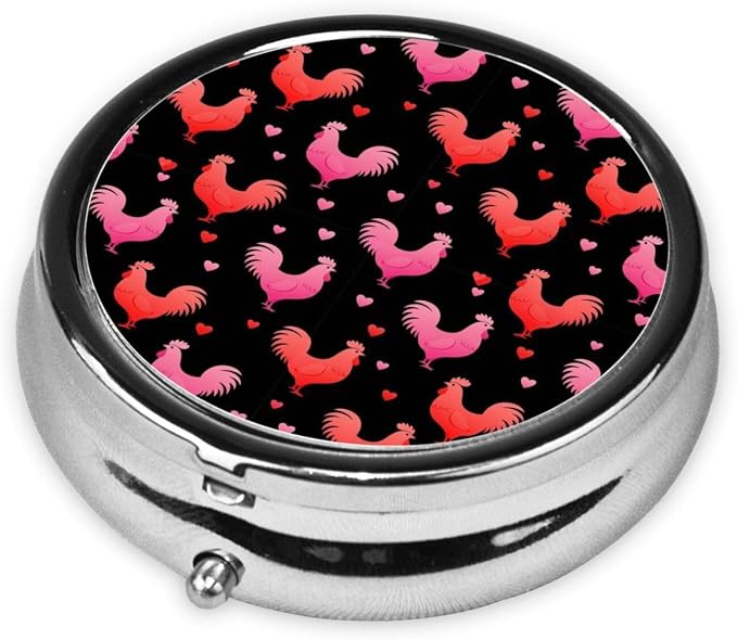 Travel Medicine Box, Rooster Chicken Bird Love Heart Floral Pink Black Round Small Organizer, Metal Pill Case for Fish Oil, Portable Dispenser Purse Pocket for Commuters