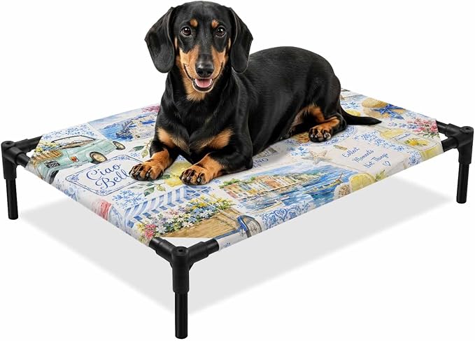 Summer Village Elevated Dog Bed, Coastal Blue Flowers Cart Yellow Lemons Starfish Outdoor Raised Pet Bed for Dogs Cats, Portable Breathable Cooling Waterproof Pet Cot 28x22 Inch