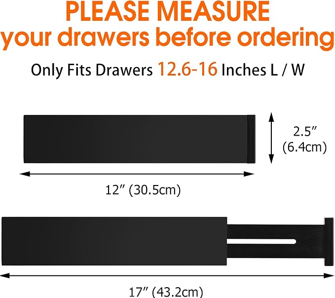Bamboo Drawer Dividers, Adjustable Drawer Organizers, Fits 12.6–16" Drawers | 2.5" High, 4 Pack Expandable Drawer Separators for Kitchen, Nursery, Dressers & Office Storage, Black