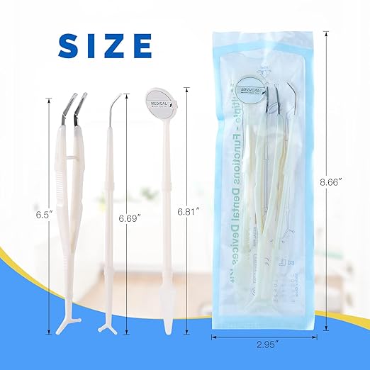 JMU 10 Pack Disposable Dental Examination Kit, 3Pcs Basic Instruments Set, Sterile Packaging, Dental Mirror Explorer Probe Plier, Oral Cleaning Dentist Tools (3pcs a Set, 10 Sets)