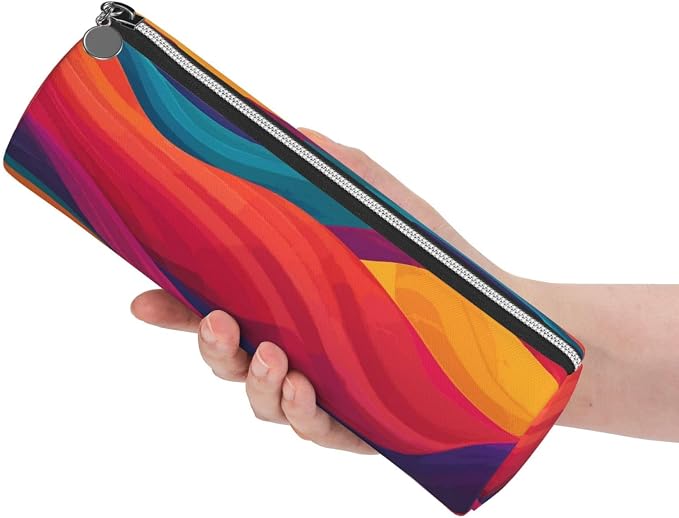 OSAM SPACE Leather Pencil Case Round Pencil Bag Colorful Waves Pen Organizer Holder Portable Zipper Pouch Cute School Supplies for Girls Boys Study Office