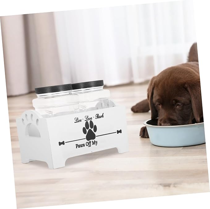 Wooden Dog Food Storage Box with 2 Canisters, Airtight Pet Treat Jar Holder and Snack Organizer, White Solid Wood Crate for Home Countertop Use
