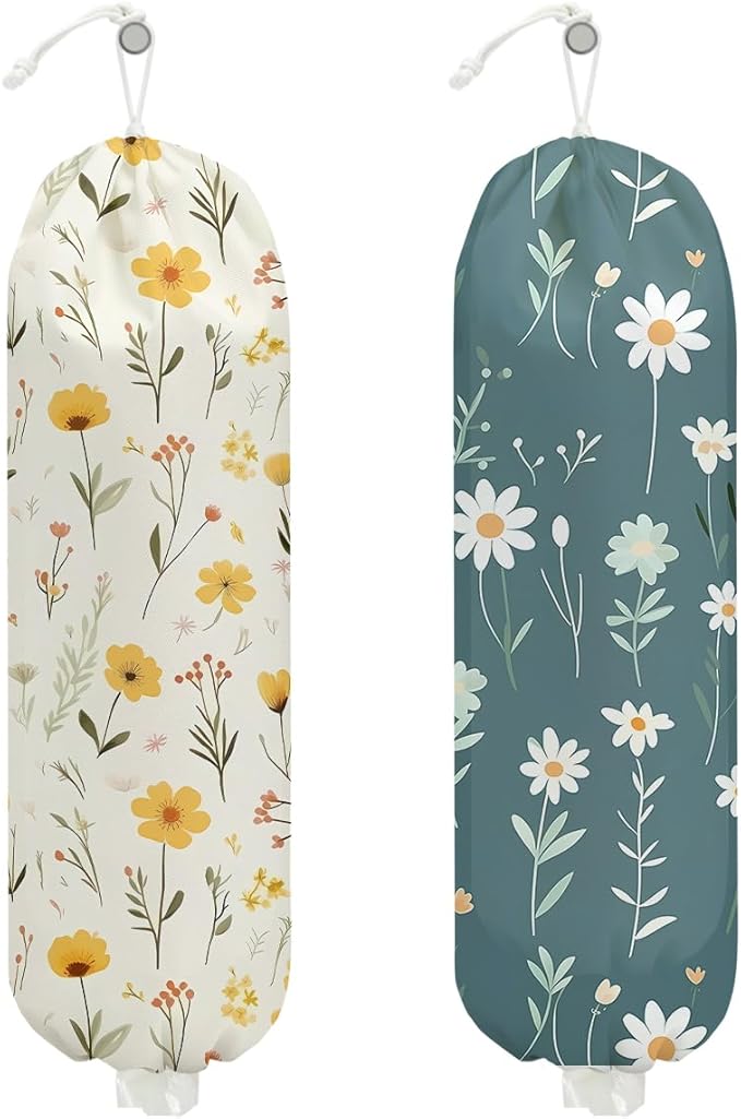 2Pcs Floral Plastic Bag Holder, Wall Mount Trash Bag Holder, Vintage Floral Reusable Grocery Bags Storage Dispenser for Home Kitchen Pantry Farmhouse, Flower Gifts for Women, 22.5x9 Inch