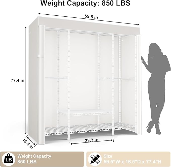 E3C White Clothes Rack with Beige Cover, Heavy Duty Garment Rack | Freestanding Metal Closet System Storage Organizer for Clothing, Clothing Rack Holds up to 850 lbs, 59.5"W x 16.5"D x 77.4"H